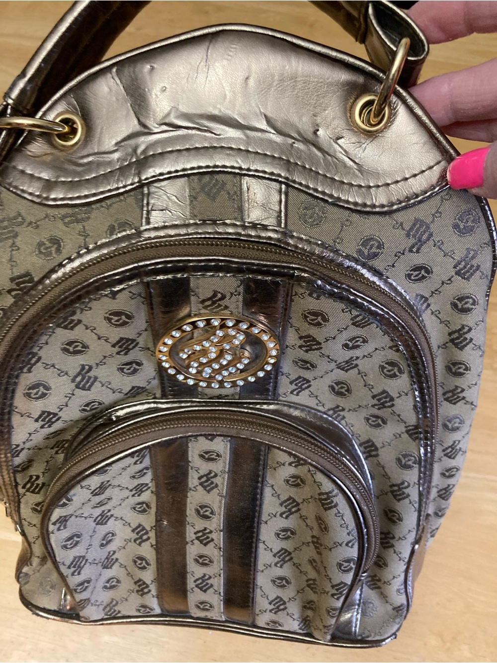 Metallic Gold Mini Backpack Purse with Rhinestone Accent